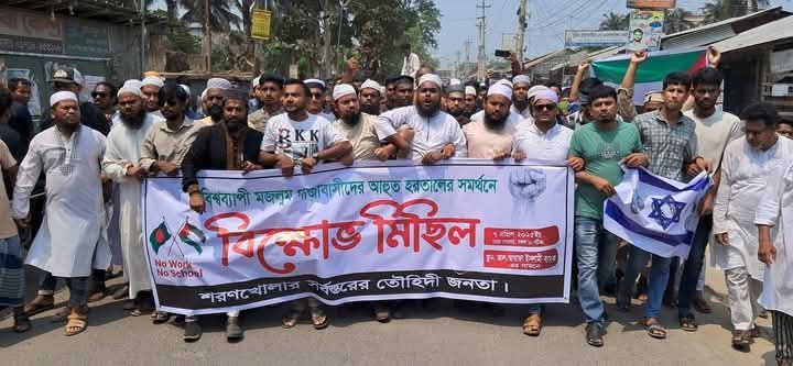 শরণখোলায় মজলুম গাজাবাসীর আহুত হরতালের   সমর্থনে বিক্ষোপ মিছিল ও পথসভা অনুষ্ঠিত